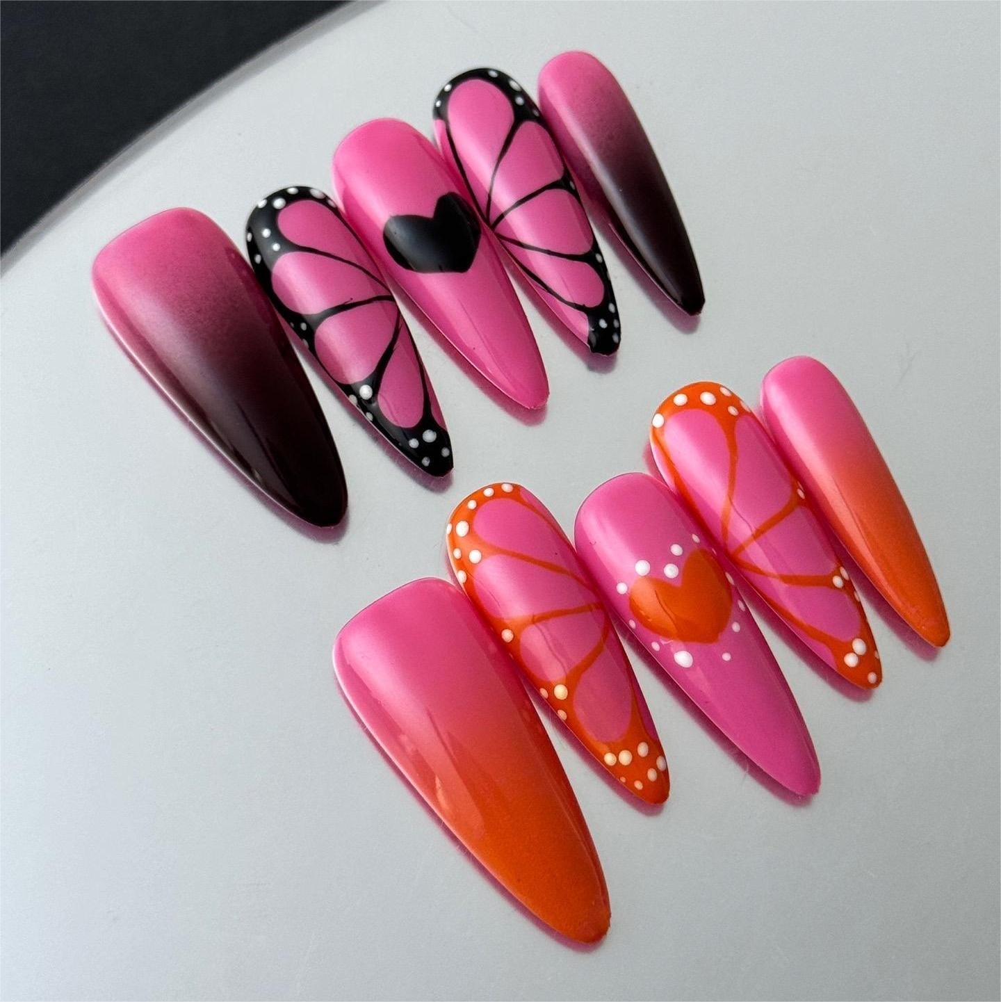 Siva Nail, Sunset Flutter, Butterfly Print, Handmade Press on Nails