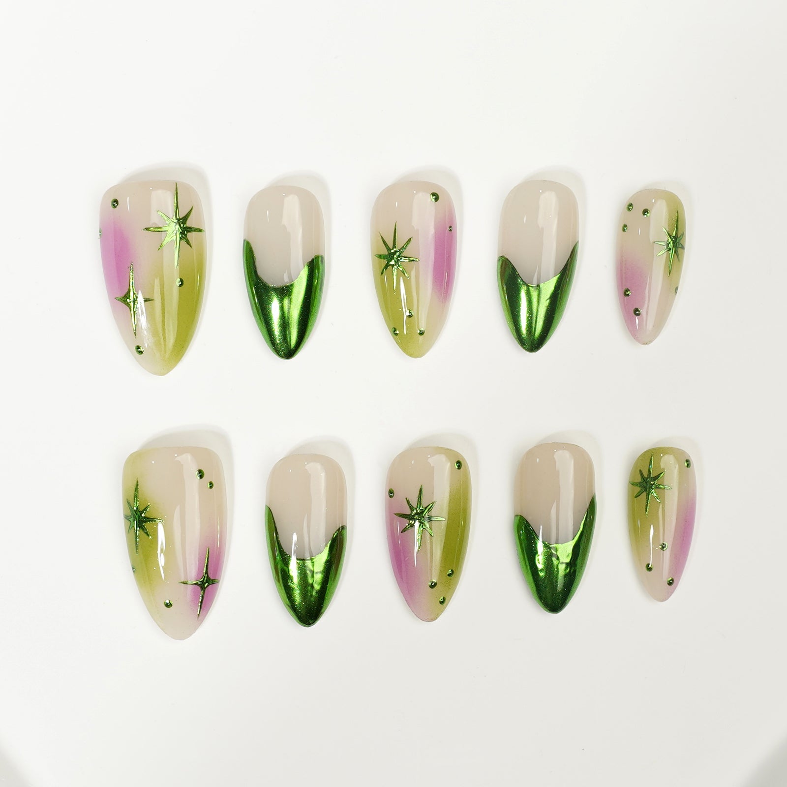 Siva Nail, Verdant Whimsy, Ombre Artistic Green and Purple, Handmade Press on Nails