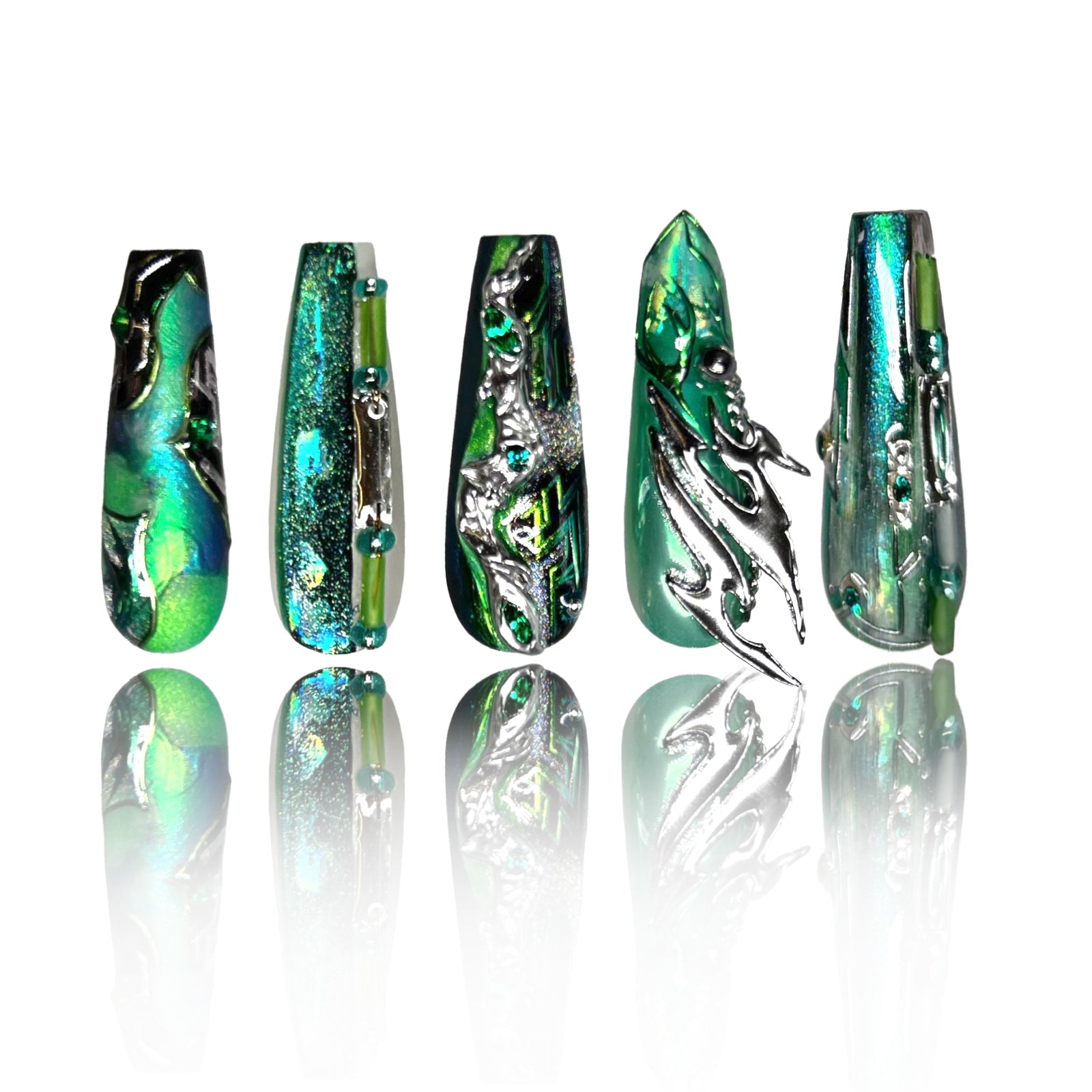 Siva Nail, Emerald Flame, Futuristic Luxe Handmade Press on Nails