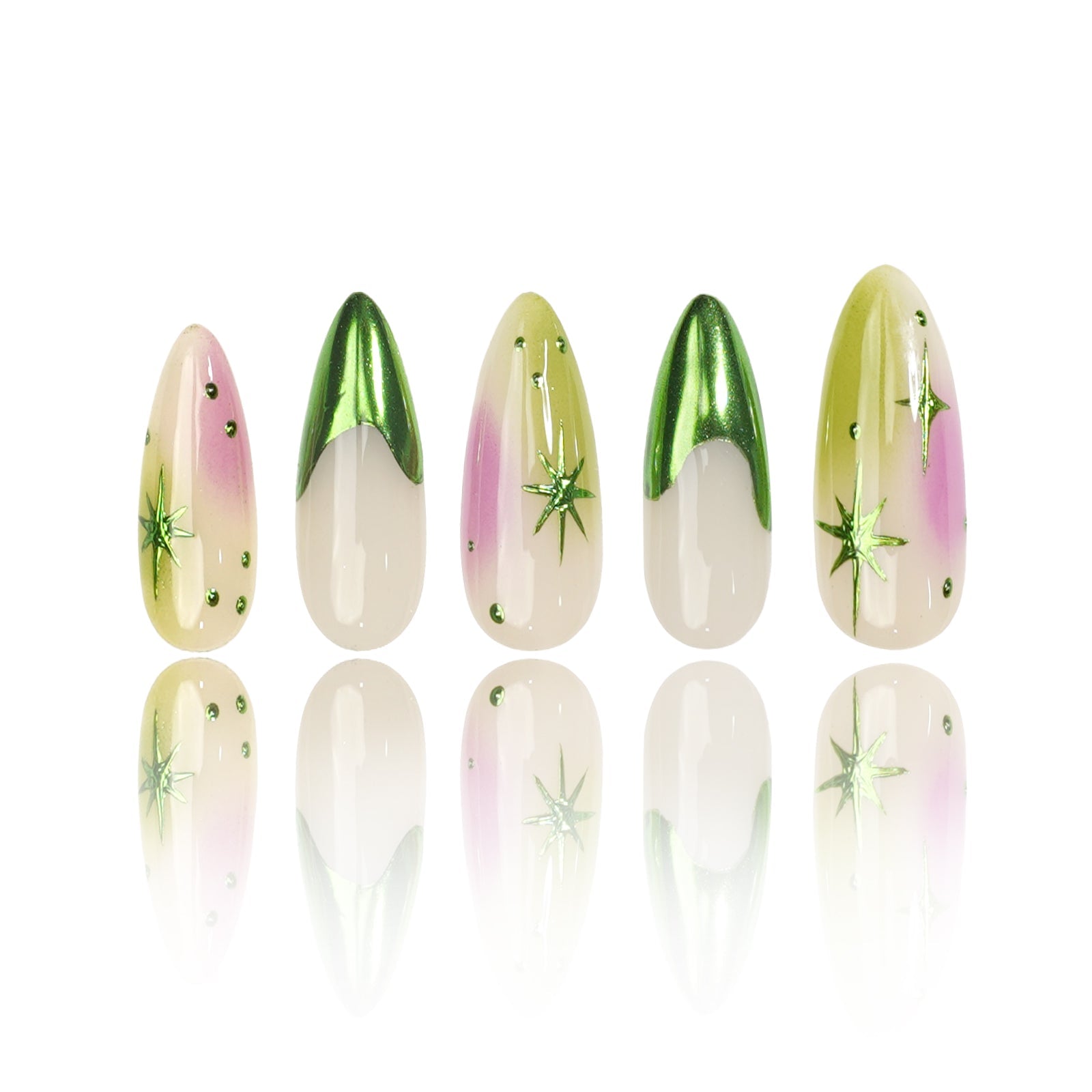 Siva Nail, Verdant Whimsy, Ombre Artistic Green and Purple, Handmade Press on Nails