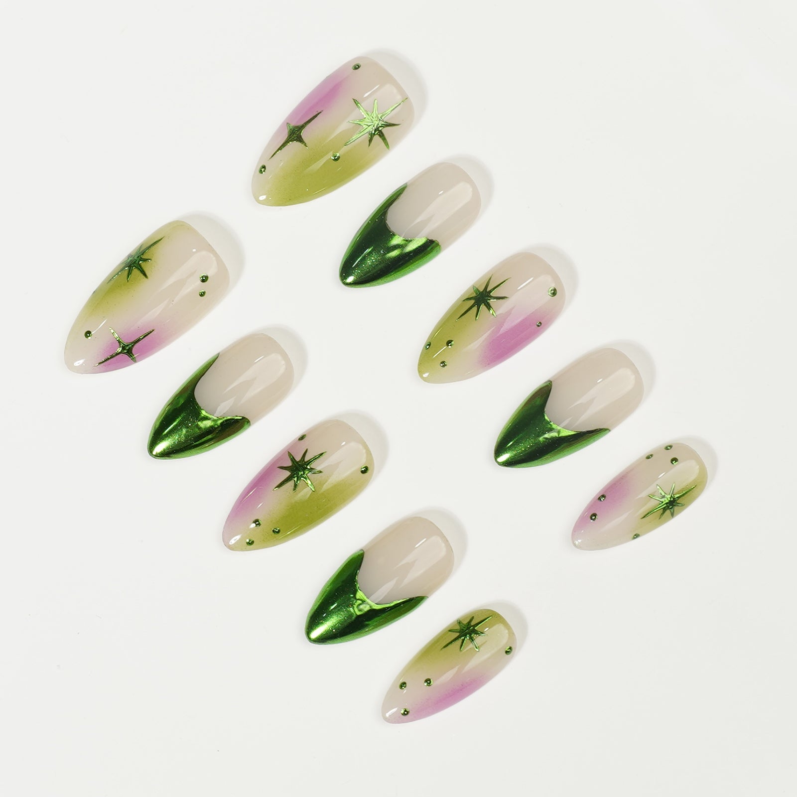 Siva Nail, Verdant Whimsy, Ombre Artistic Green and Purple, Handmade Press on Nails