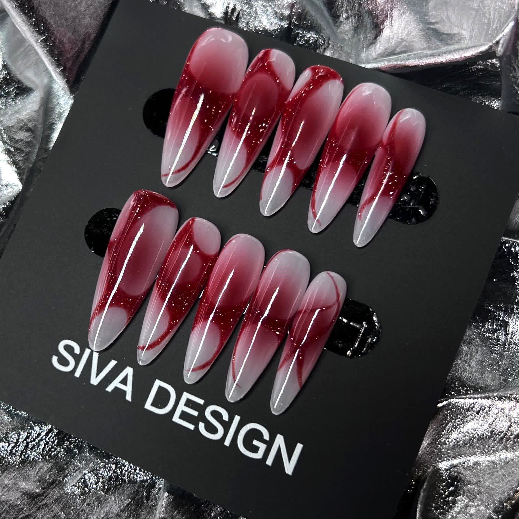 Siva Nail, Burgundy Waves, Elegant Red Ombre Handmade Press on Nails