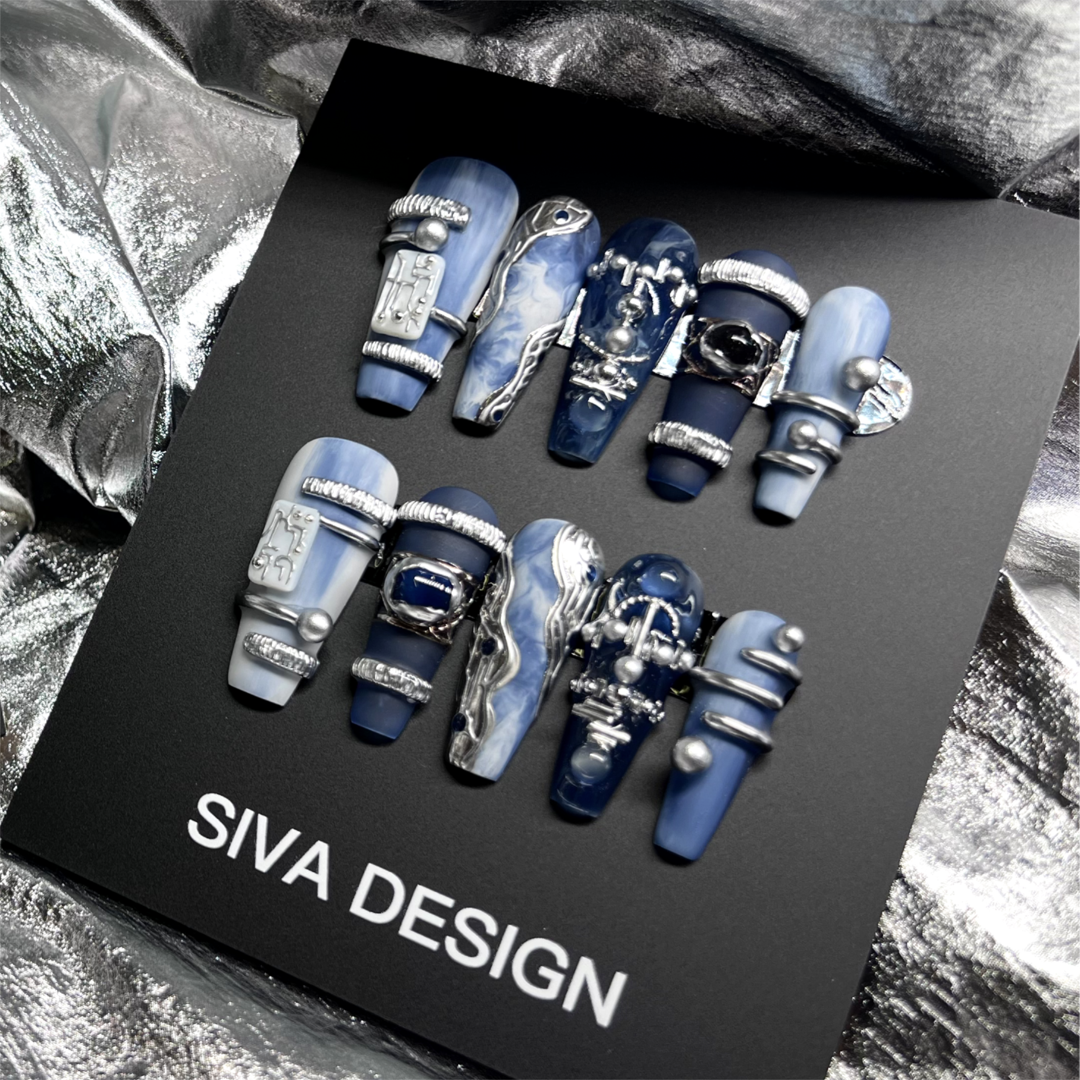 Siva Nail, Blue Tears, Metallic Art Handmade Press on Nails