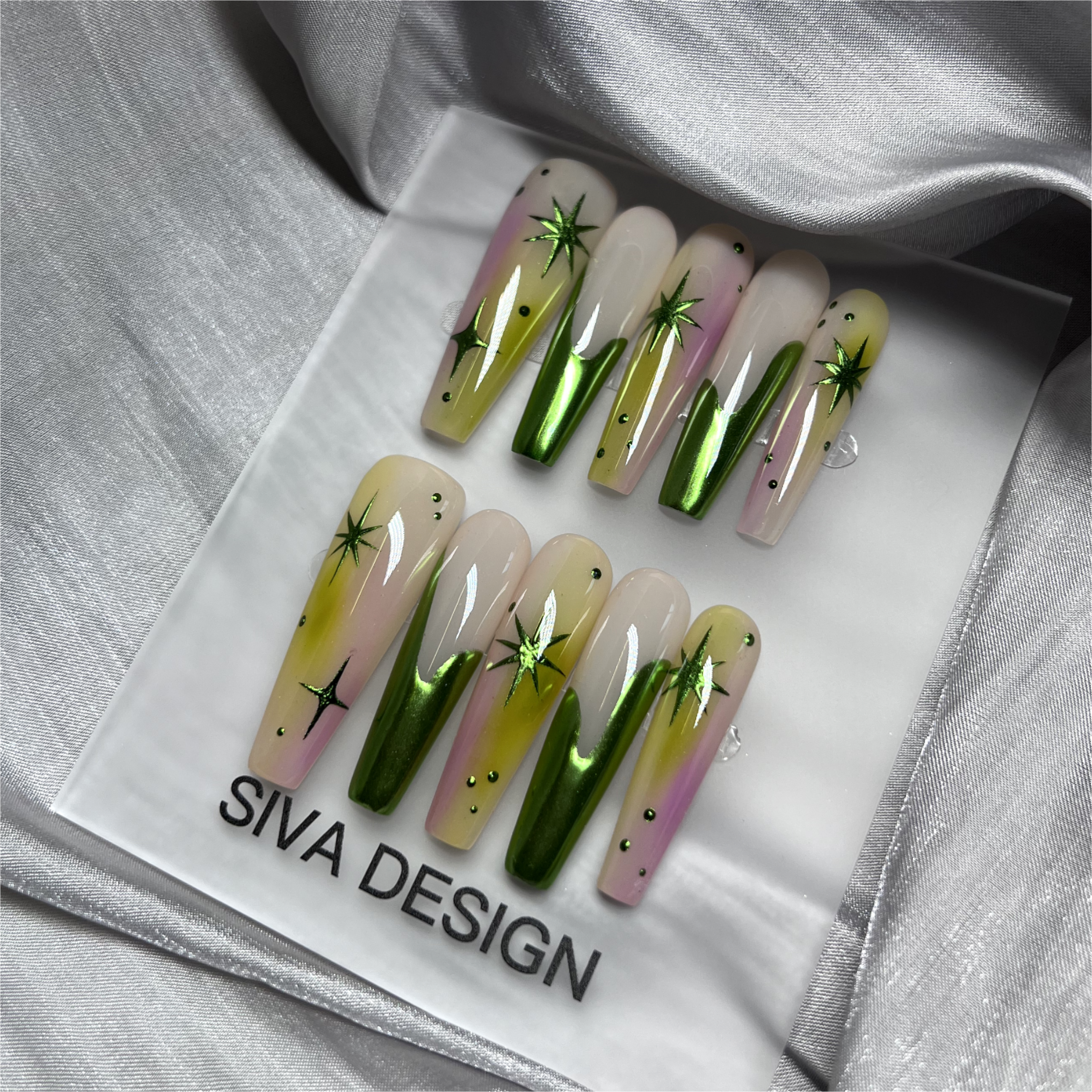 Siva Nail, Verdant Whimsy, Ombre Artistic Green and Purple, Handmade Press on Nails