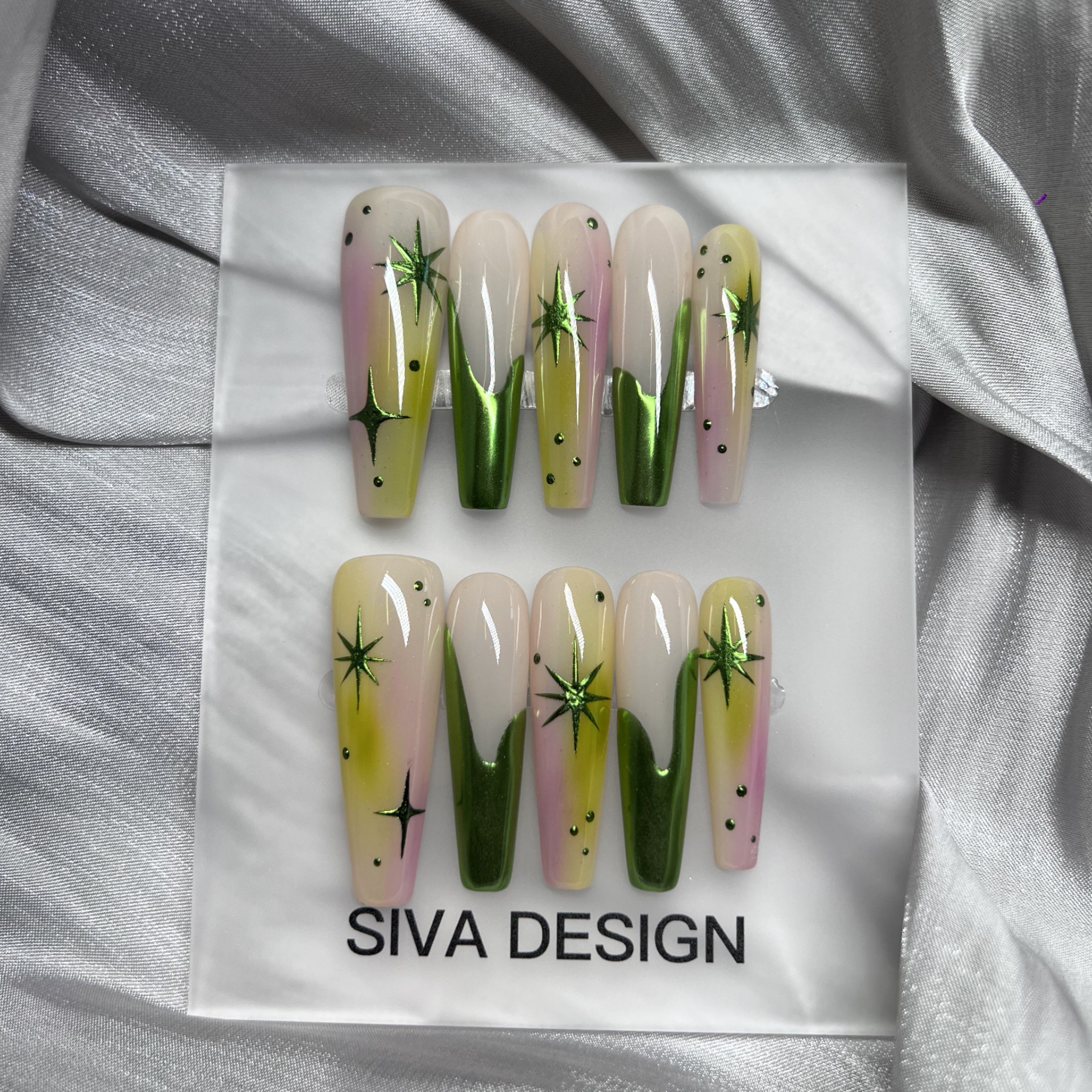 Siva Nail, Verdant Whimsy, Ombre Artistic Green and Purple, Handmade Press on Nails