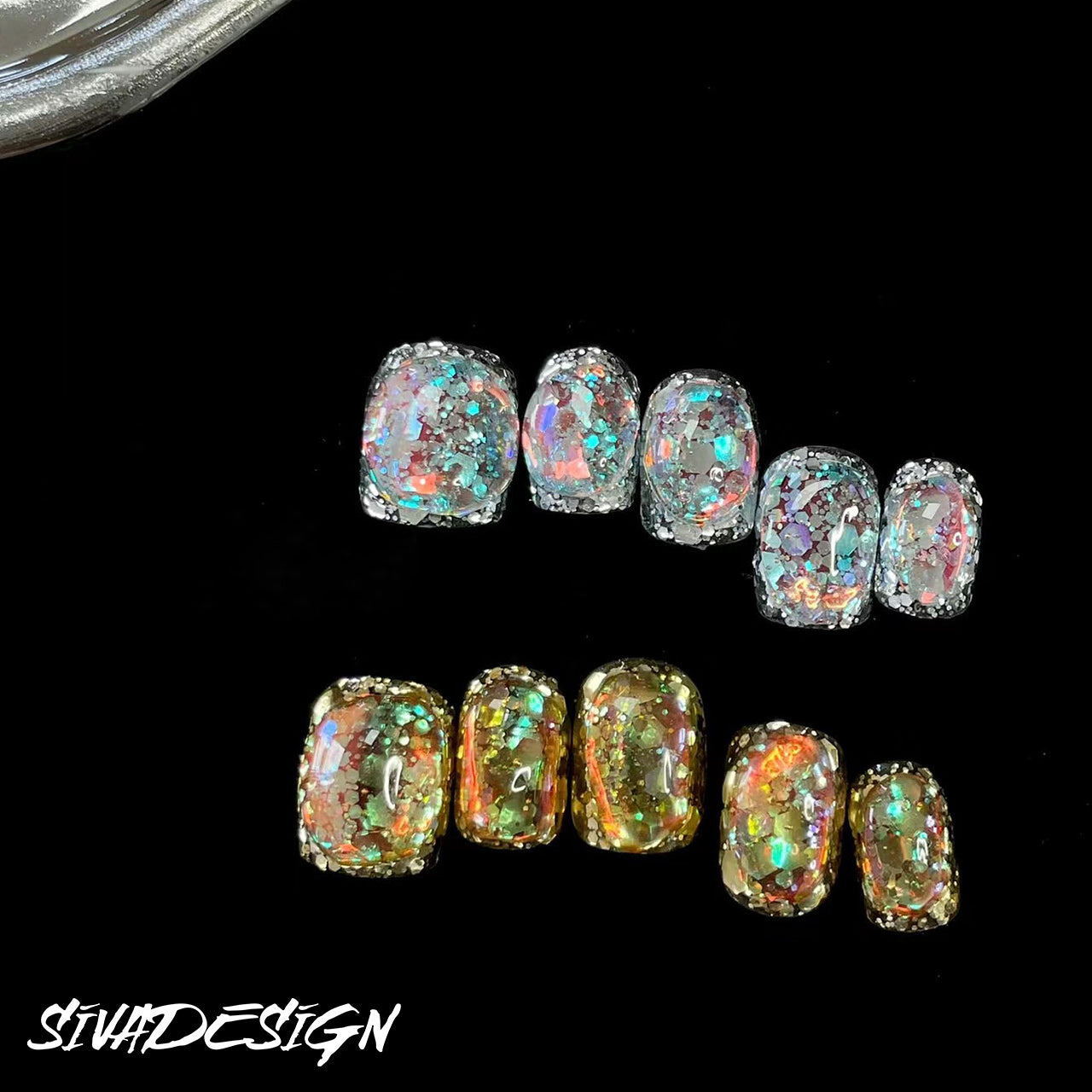 Siva Nail, Sparkle Oasis, Radiant Glimmer, Handmade Press on Nails