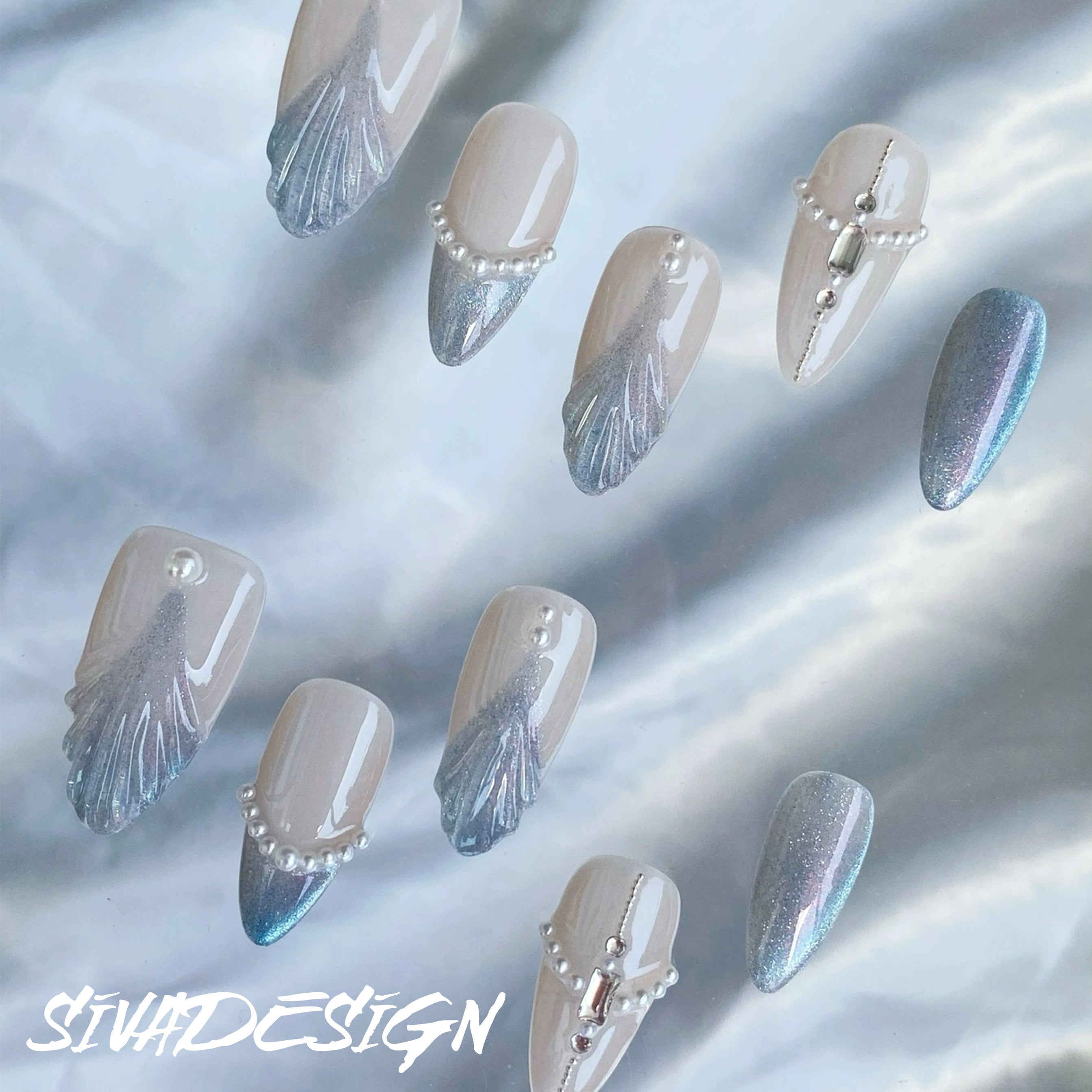 Siva Nail, Silver Shores, Coastal Glamour, Handmade Press on Nails