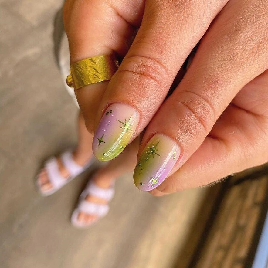 Siva Nail, Verdant Whimsy, Ombre Artistic Green and Purple, Handmade Press on Nails