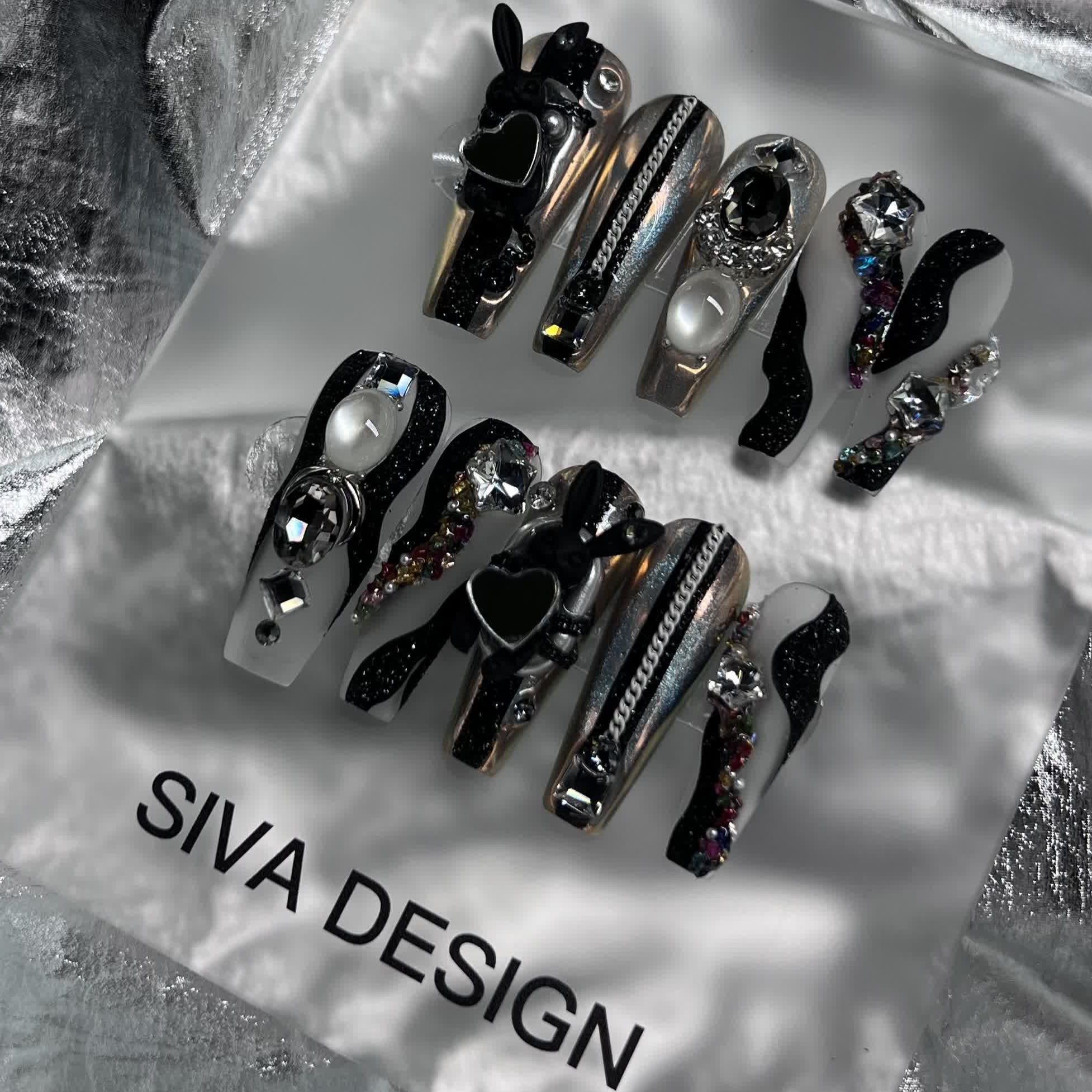 Siva Nail, Rabbit (Black), Chic Handmade Press on Nails