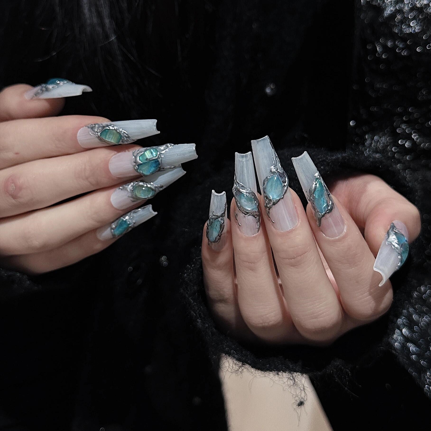 Siva Nail, Blue Lagoon, Y2K Style, Long Coffin Handmade Press on Nails