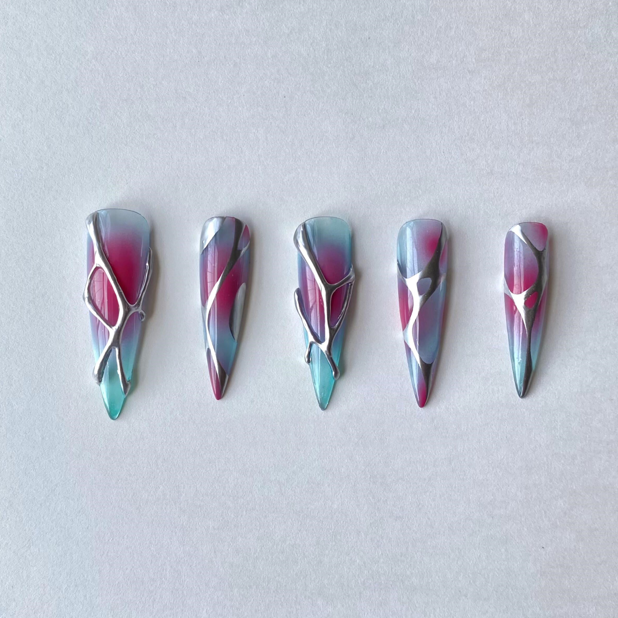 Siva Nail, Abstract Futurism, Gradient Metallic, Handmade Press on Nails