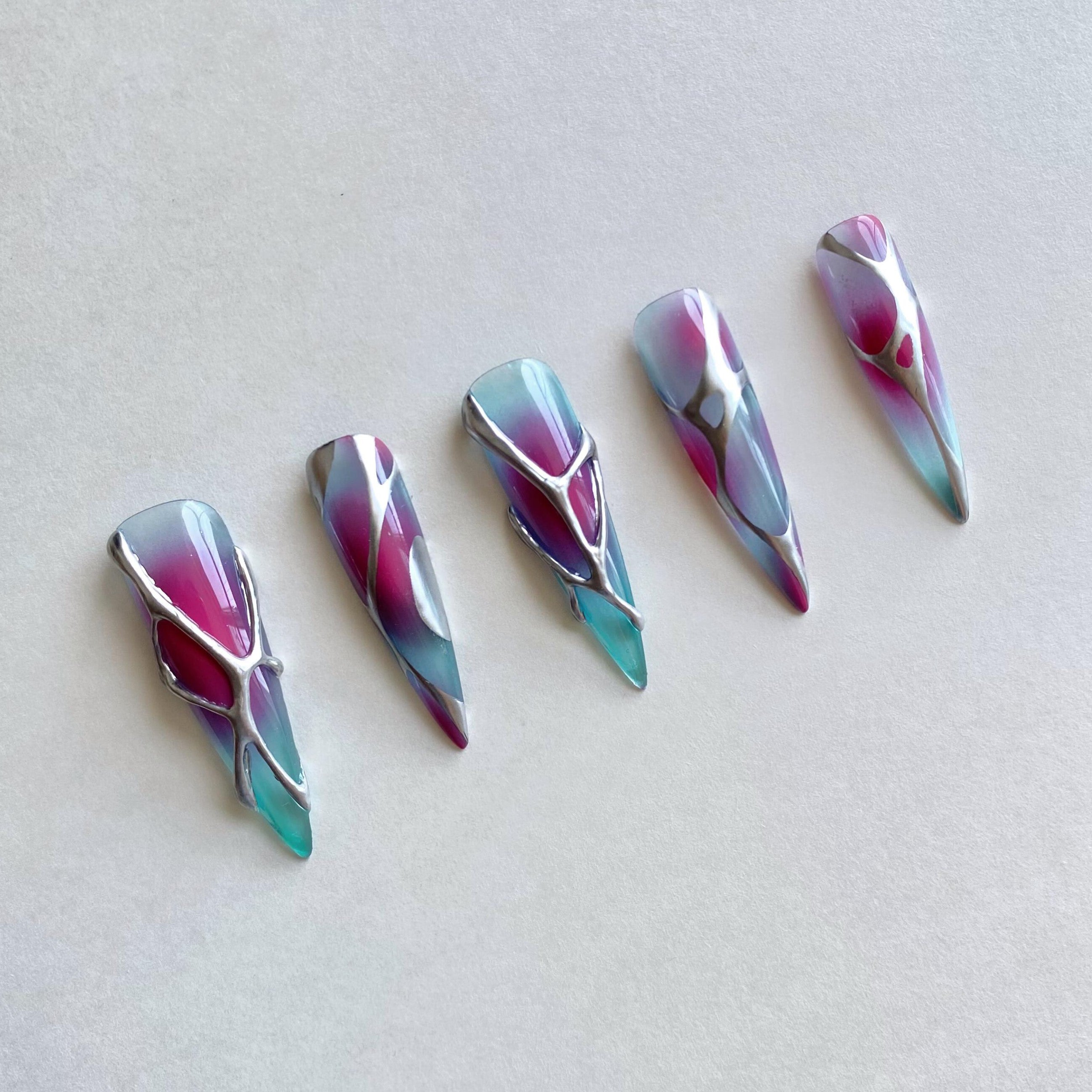 Siva Nail, Abstract Futurism, Gradient Metallic, Handmade Press on Nails