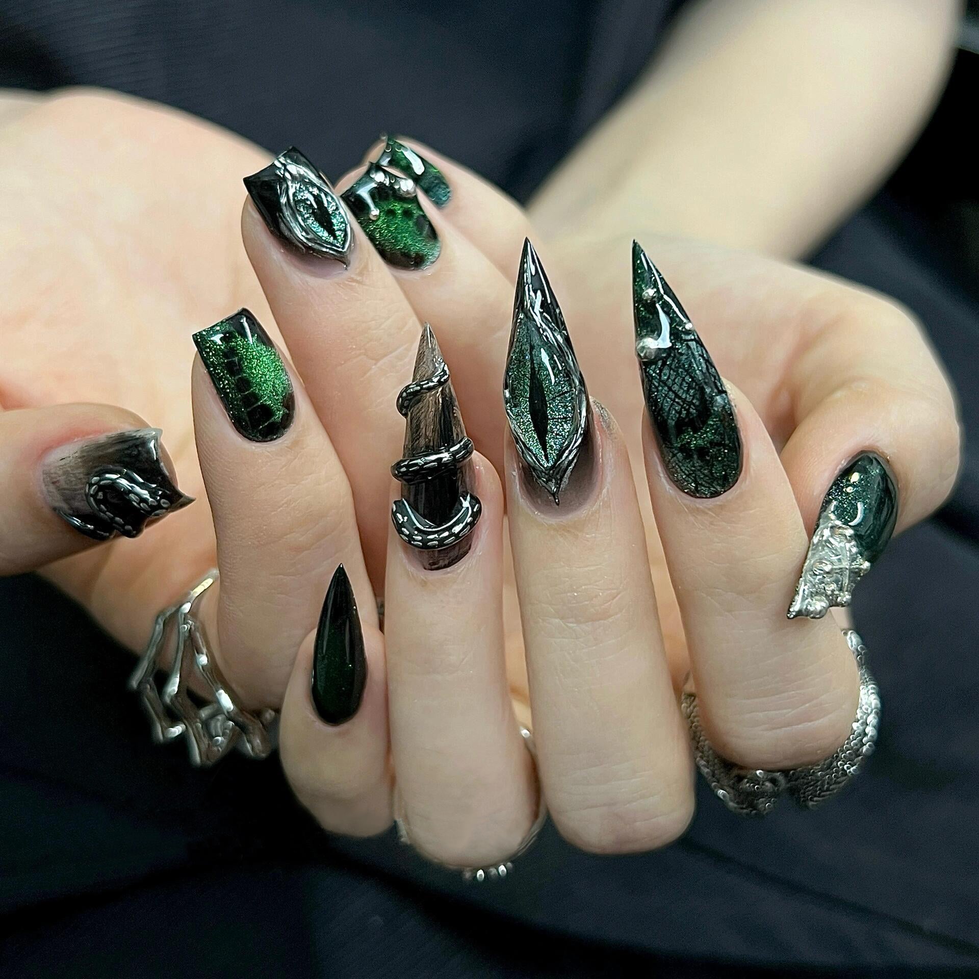 Siva Nail, Mythic Metal, Stiletto Handmade Press on Nails