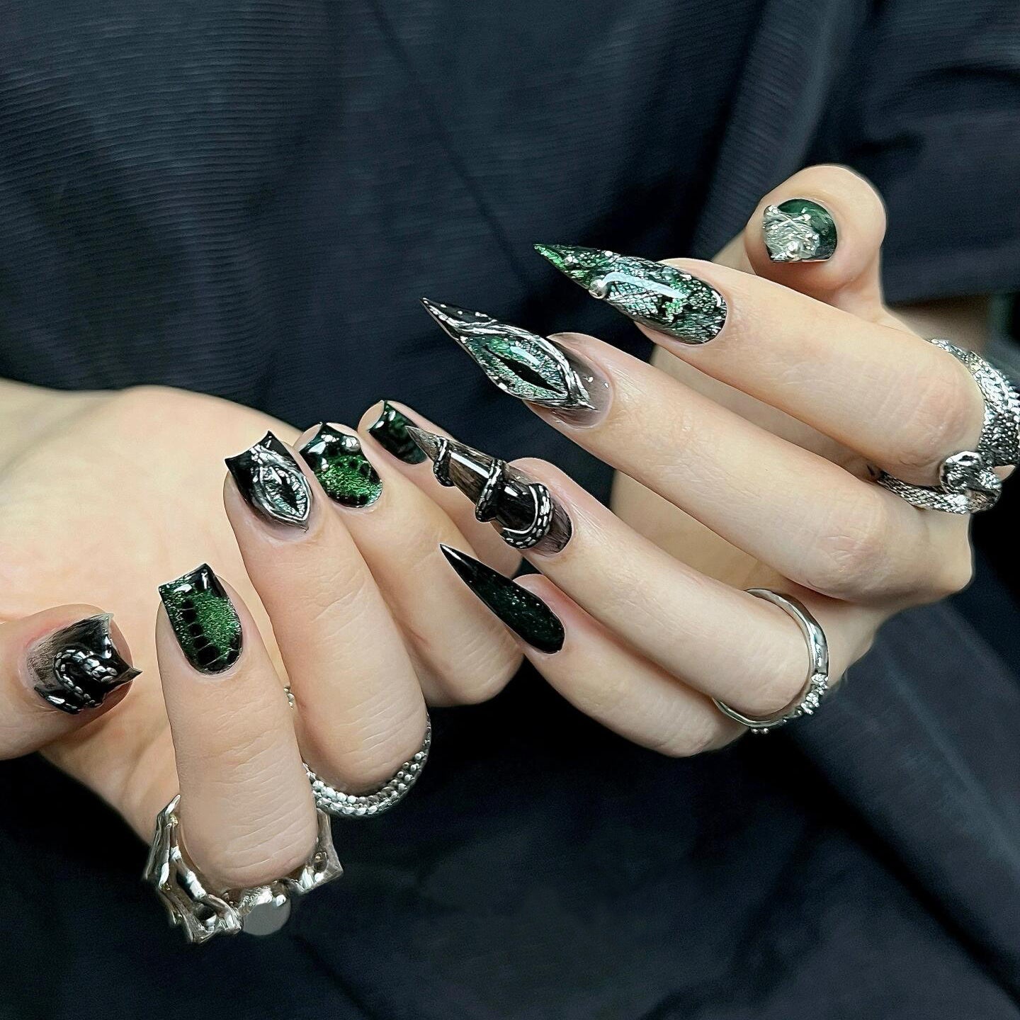 Siva Nail, Mythic Metal, Stiletto Handmade Press on Nails