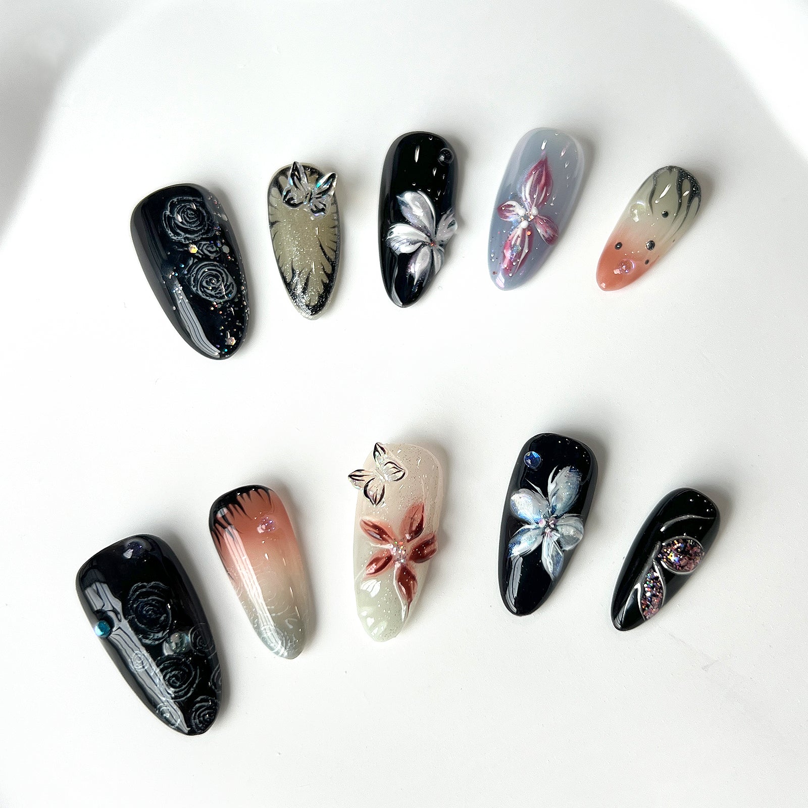 Siva Nail, Twilight Blossom, Artistic Floral, Handmade Press on Nails