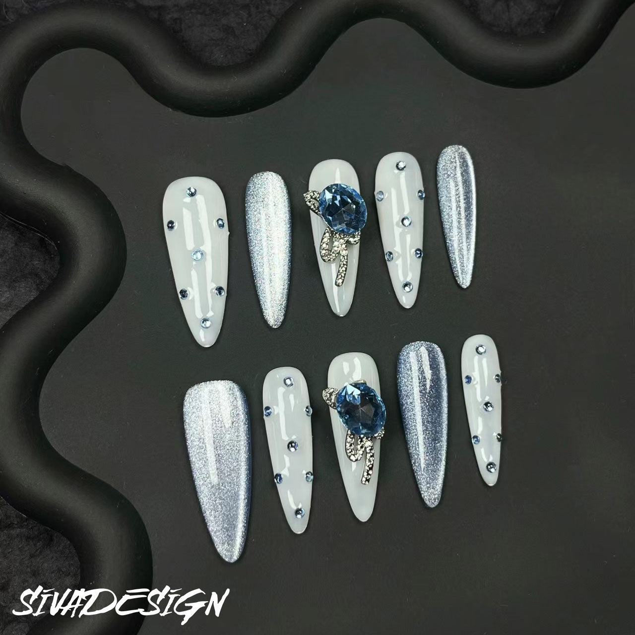 Siva Nail, Sapphire Frost, Crystal Handmade Press on Nails