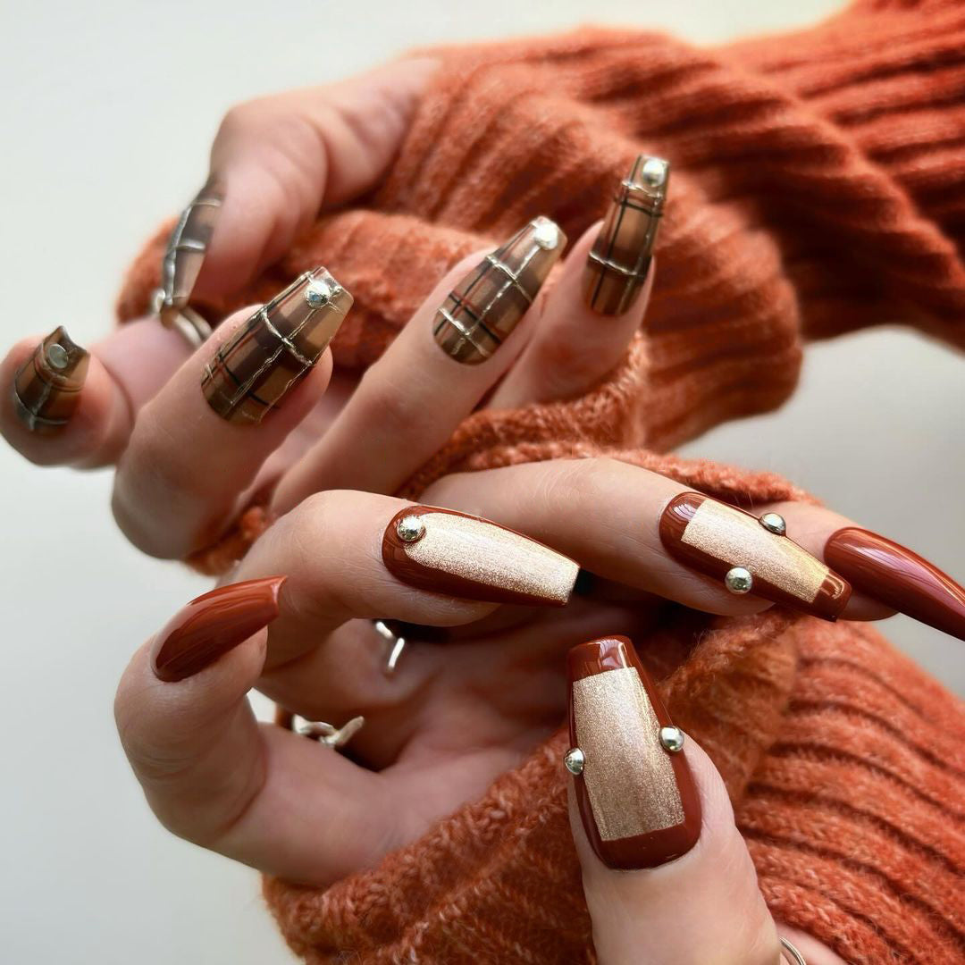 Siva Nail, Mocha Chic, Cozy Plaid, Handmade Press on Nails