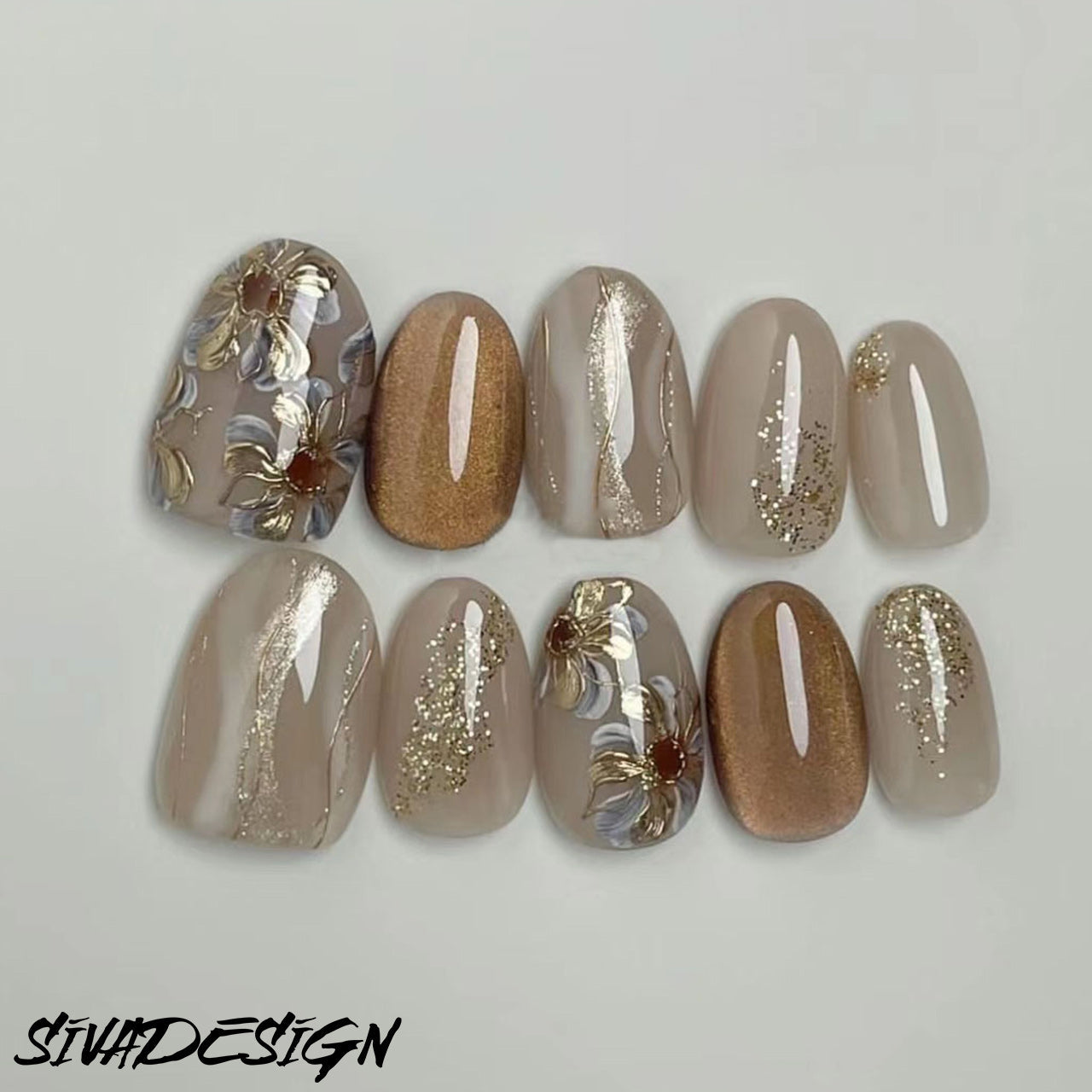 Siva Nail, Mocha Shimmer, Floral Handmade Press on Nails