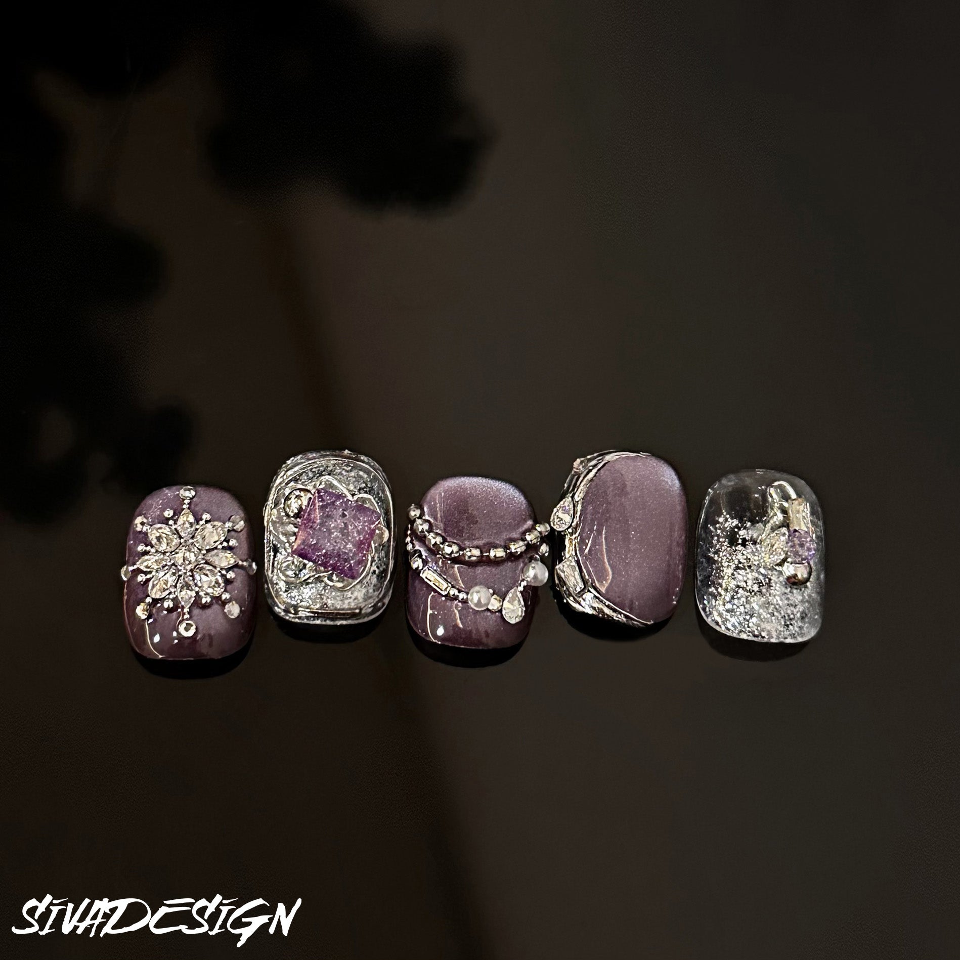 Siva Nail, Purple Starlight, Stellar Glamour, Handmade Press on Nails