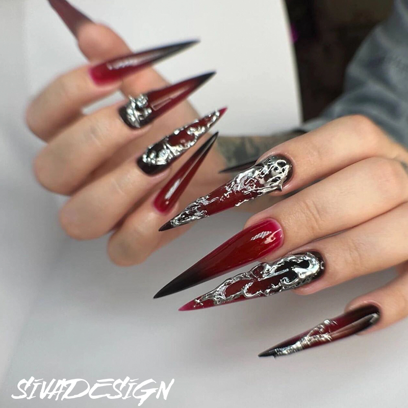 Siva Nail, Scarlet Swirl, Gothic Handmade Press on Nails