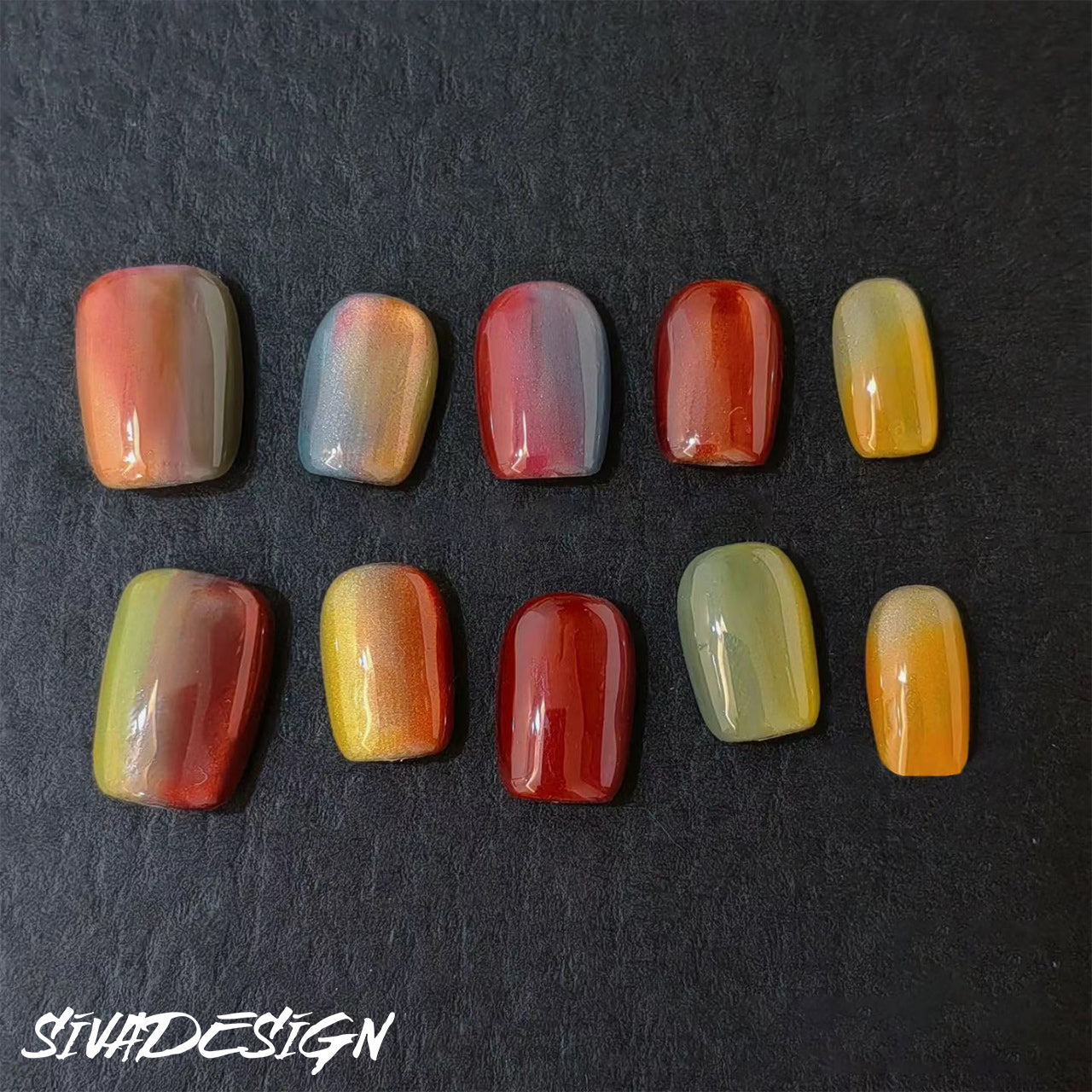 Siva Nail, Sunset Embers, Fiery Ombre, Handmade Press on Nails