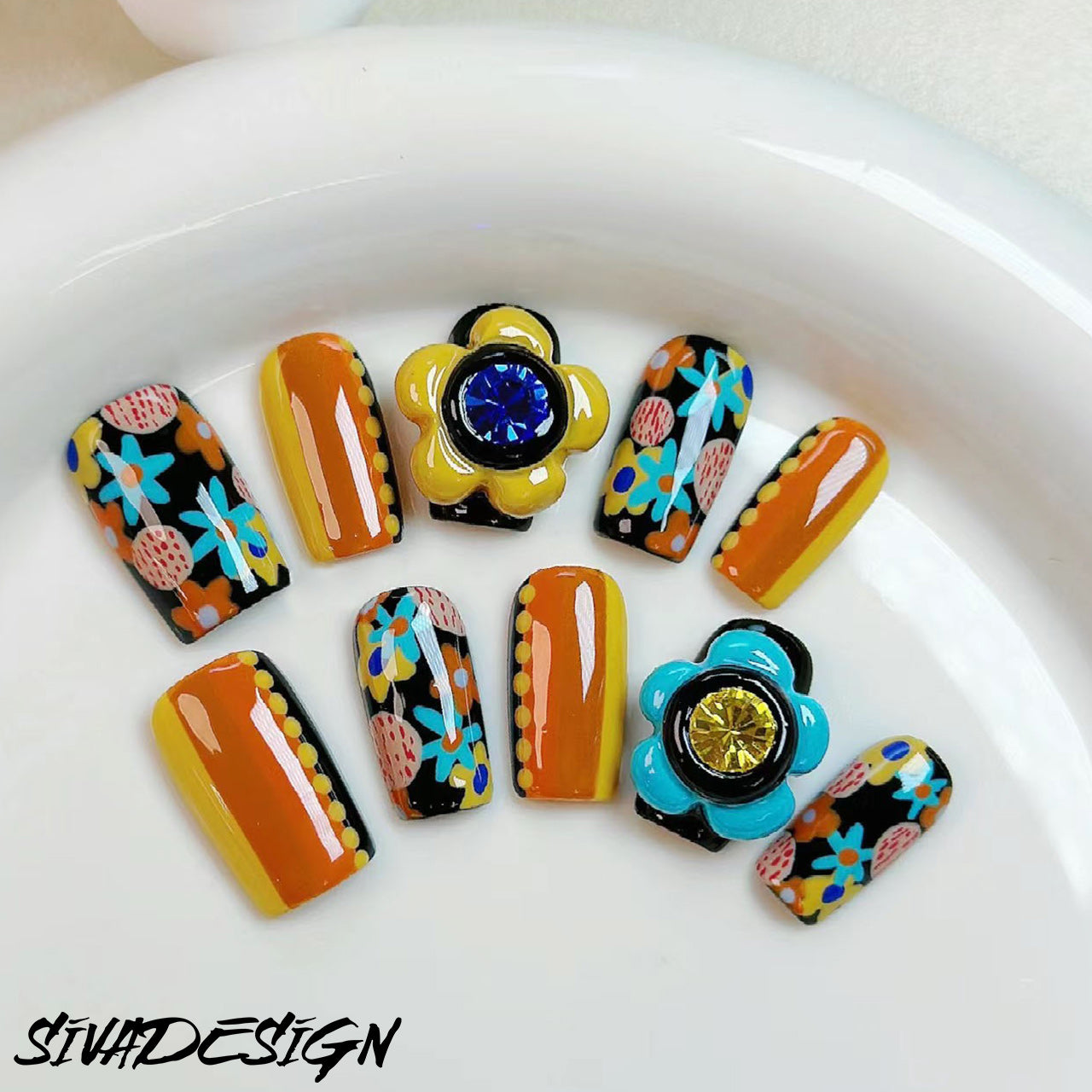 Siva Nail, Tropical Tango, Exotic Bloom, Handmade Press on Nails