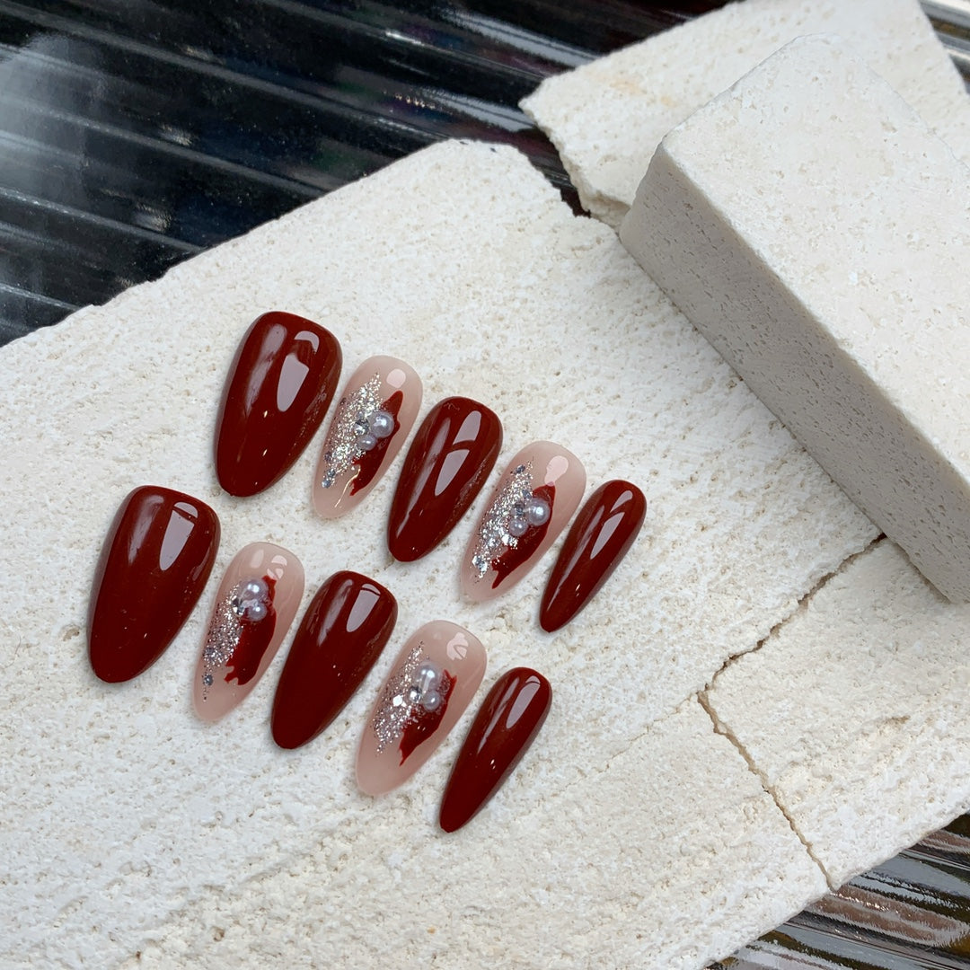 Siva Nail, Opulent Touch, Glamorous Burgundy, Handmade Press on Nails