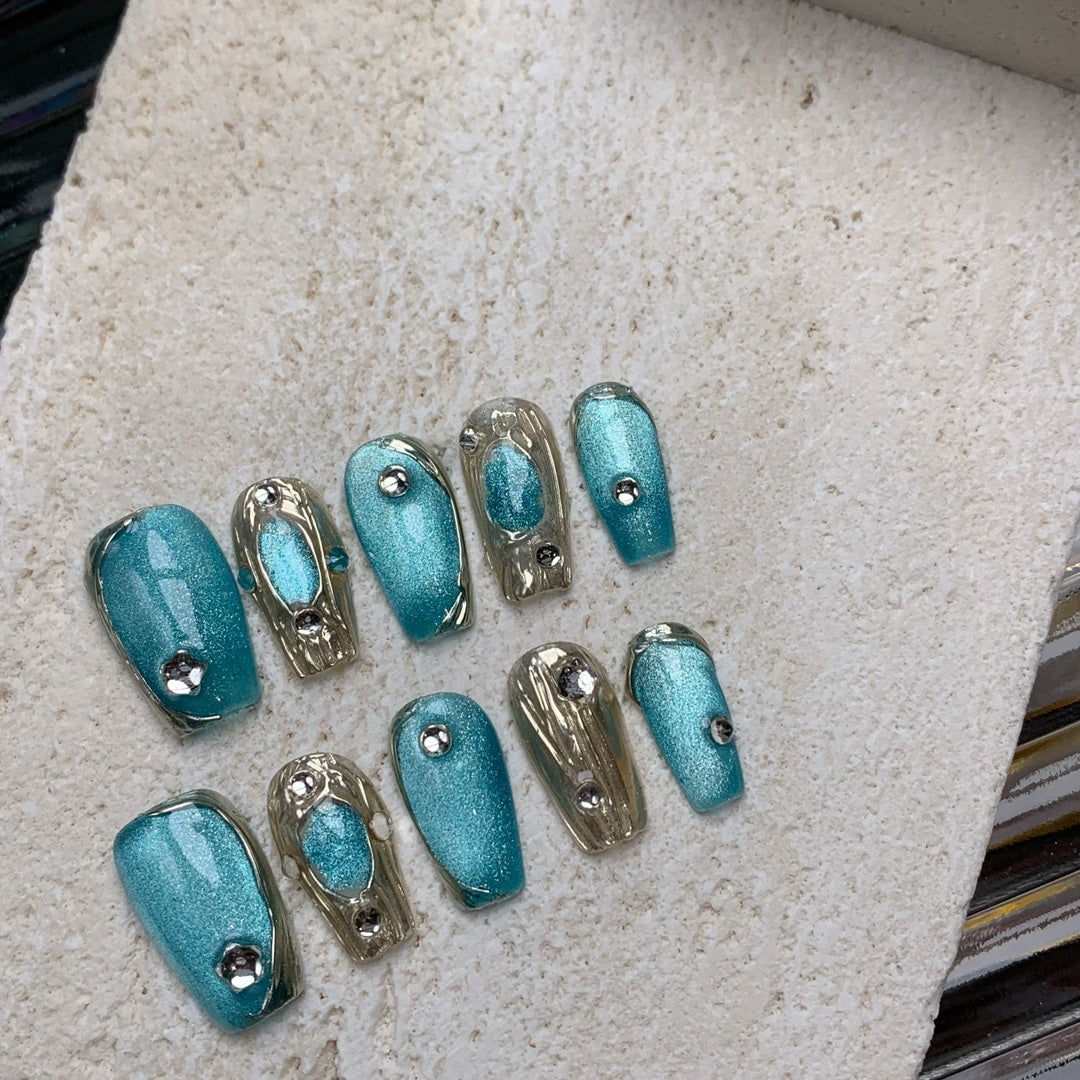 Siva Nail, Seafoam Treasure, Blue Metallic Beach Glitter Handmade Press on Nails