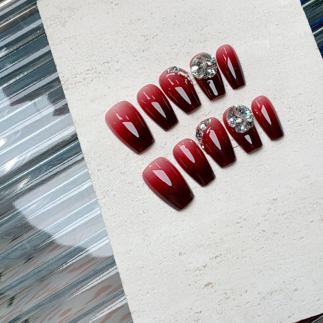 Siva Nail, Cherry Sparkle, Glamorous Gradient, Handmade Press on Nails