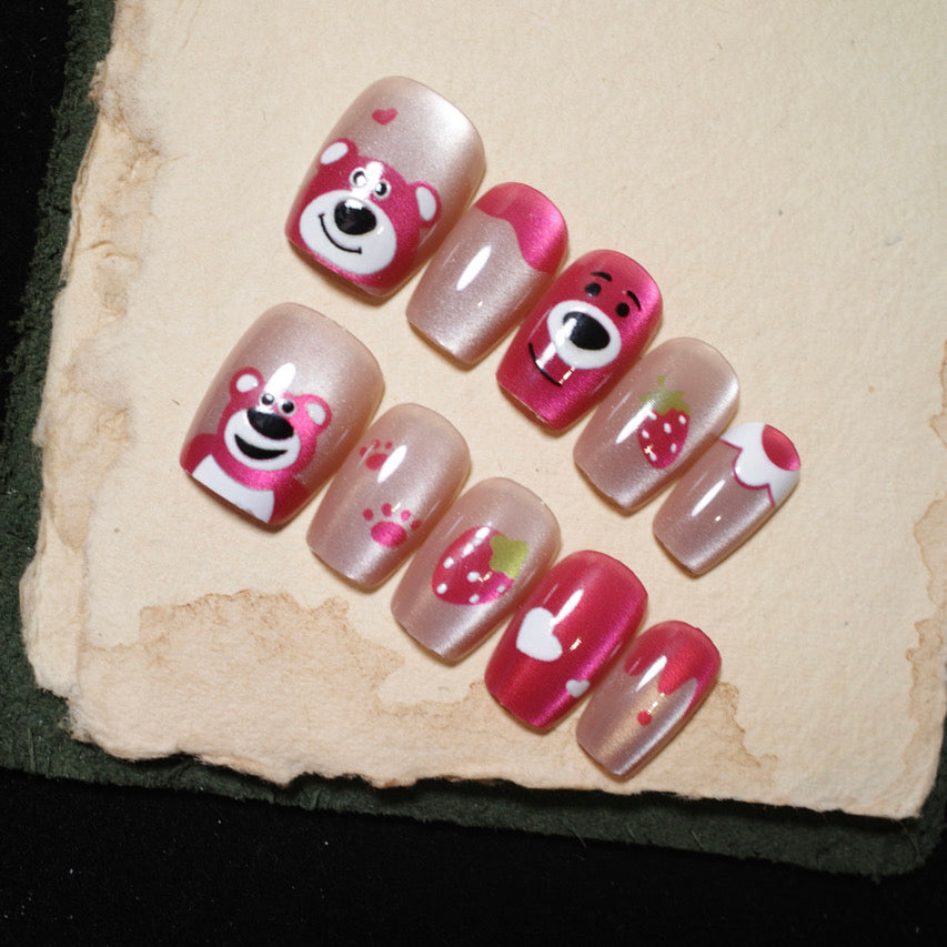 Siva Nail, Pink Bear Jubilee, Cute Celebration, Handmade Press on Nails