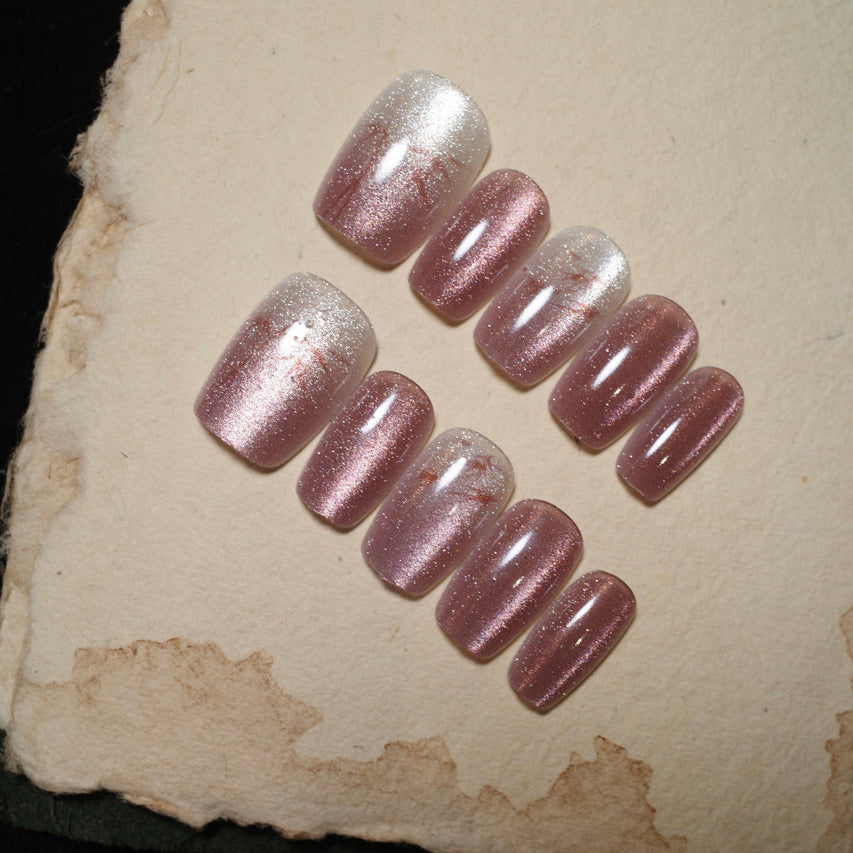 Siva Nail, Frosted Rose, Shimmering Pink Ombre, Handmade Press on Nails